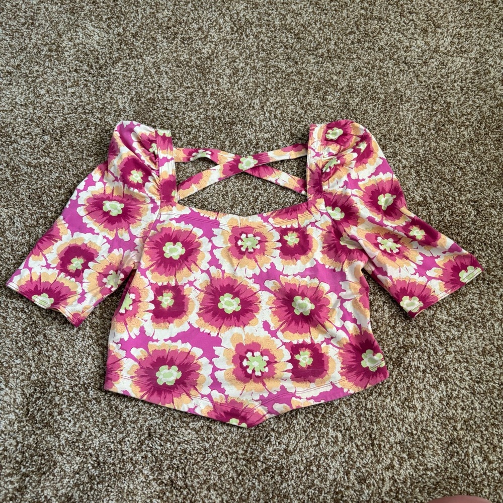 Free People || Floral Puff Sleeve Cropped Top Size L